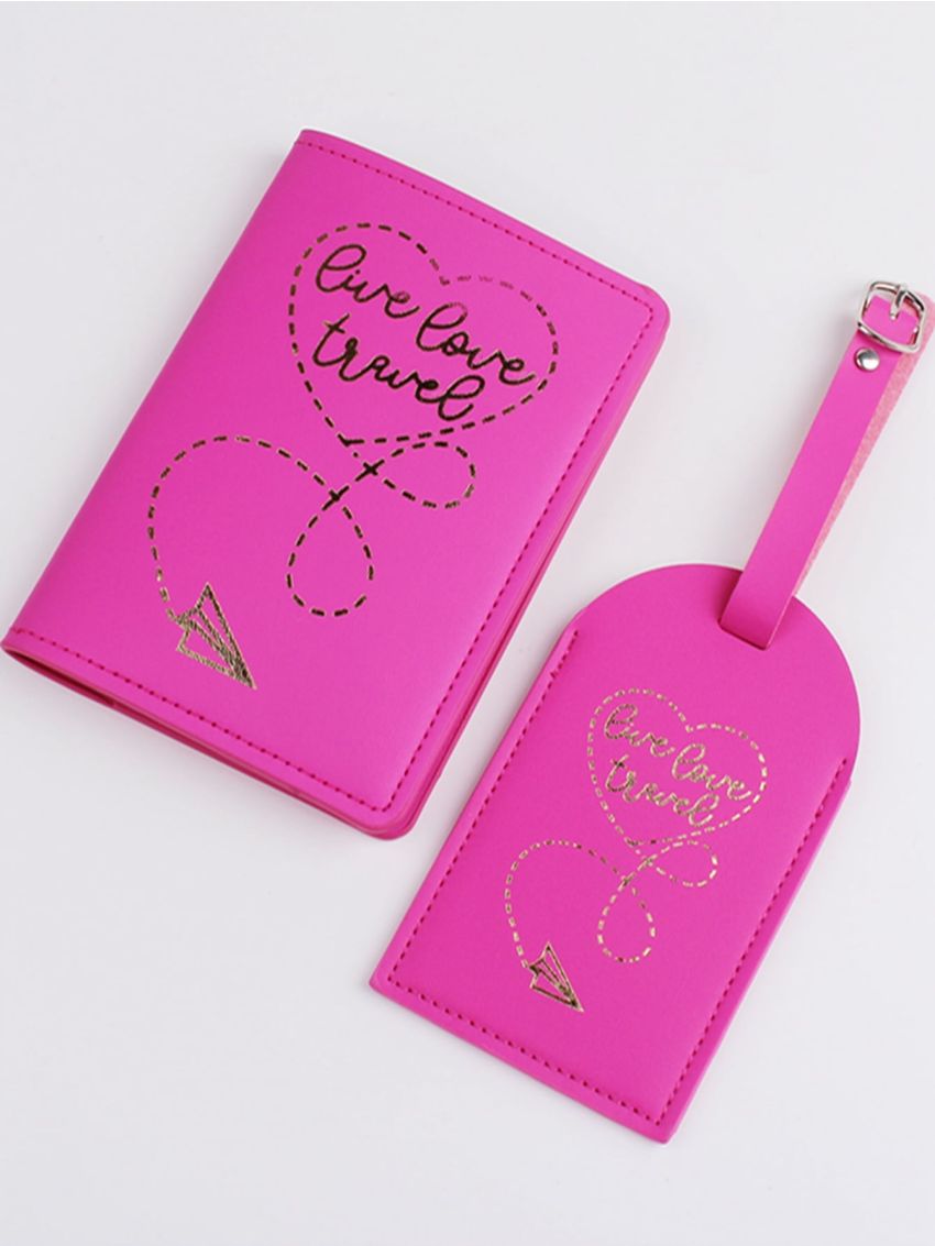 Metallic Letter Graphic Passport Case With Luggage Tag