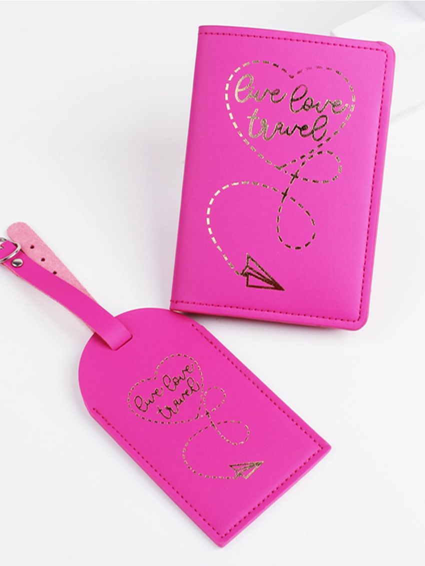 Metallic Letter Graphic Passport Case With Luggage Tag