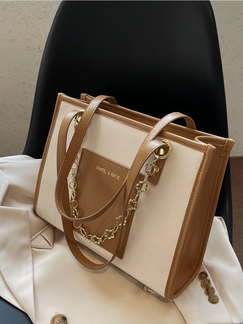 Letter Print Chain Decor Shoulder Tote Bag