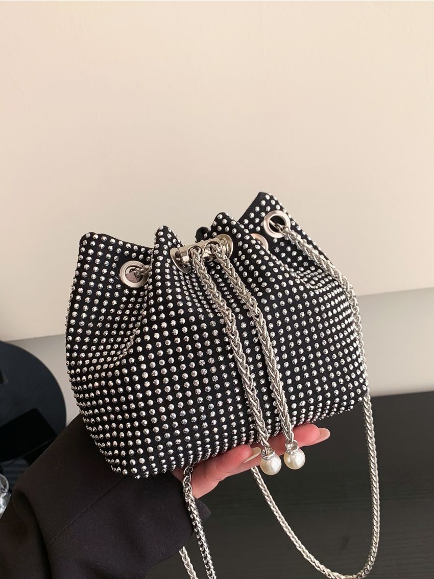 Mini Rhinestone & Faux Pearl Decor Drawstring Design Chain Glitter Bucket Bag