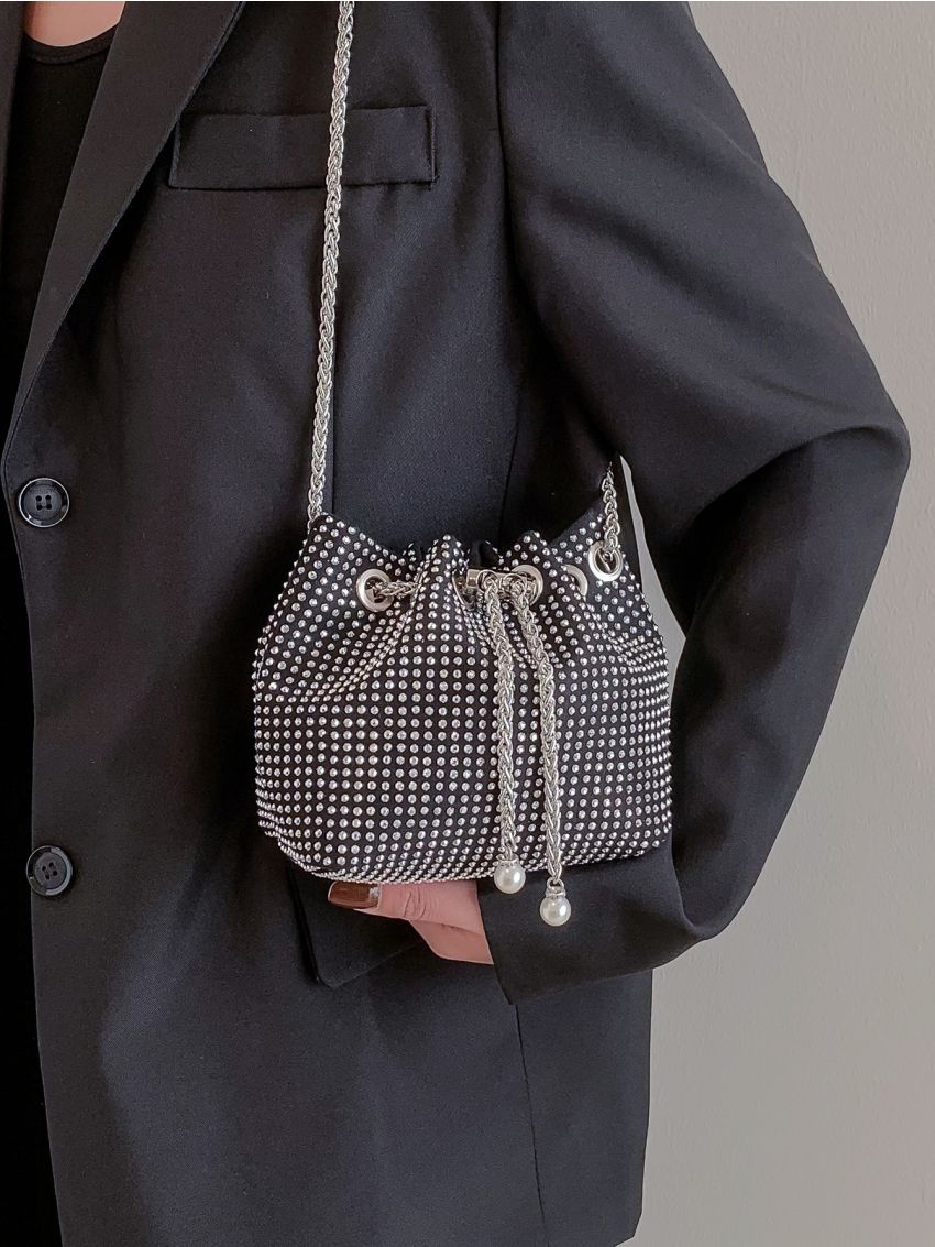 Mini Rhinestone & Faux Pearl Decor Drawstring Design Chain Glitter Bucket Bag