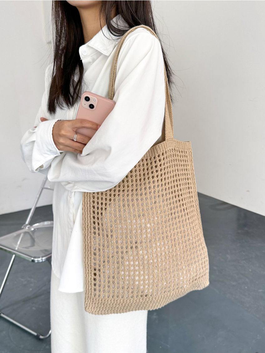 Hollow Out Crochet Bag Women's Casual Tote Single Shoulder Bag, Minimalist Design Crochet Bag, Large Capacity Shopping Bag