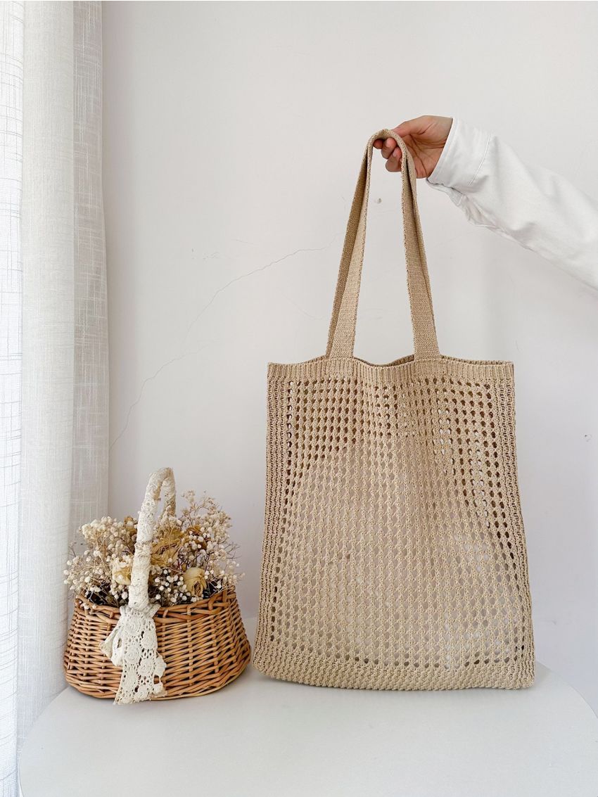 Hollow Out Crochet Bag Women's Casual Tote Single Shoulder Bag, Minimalist Design Crochet Bag, Large Capacity Shopping Bag