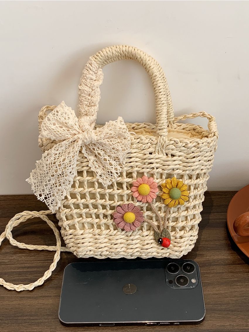 Mini Flower & Twilly Scarf Decor Straw Bag