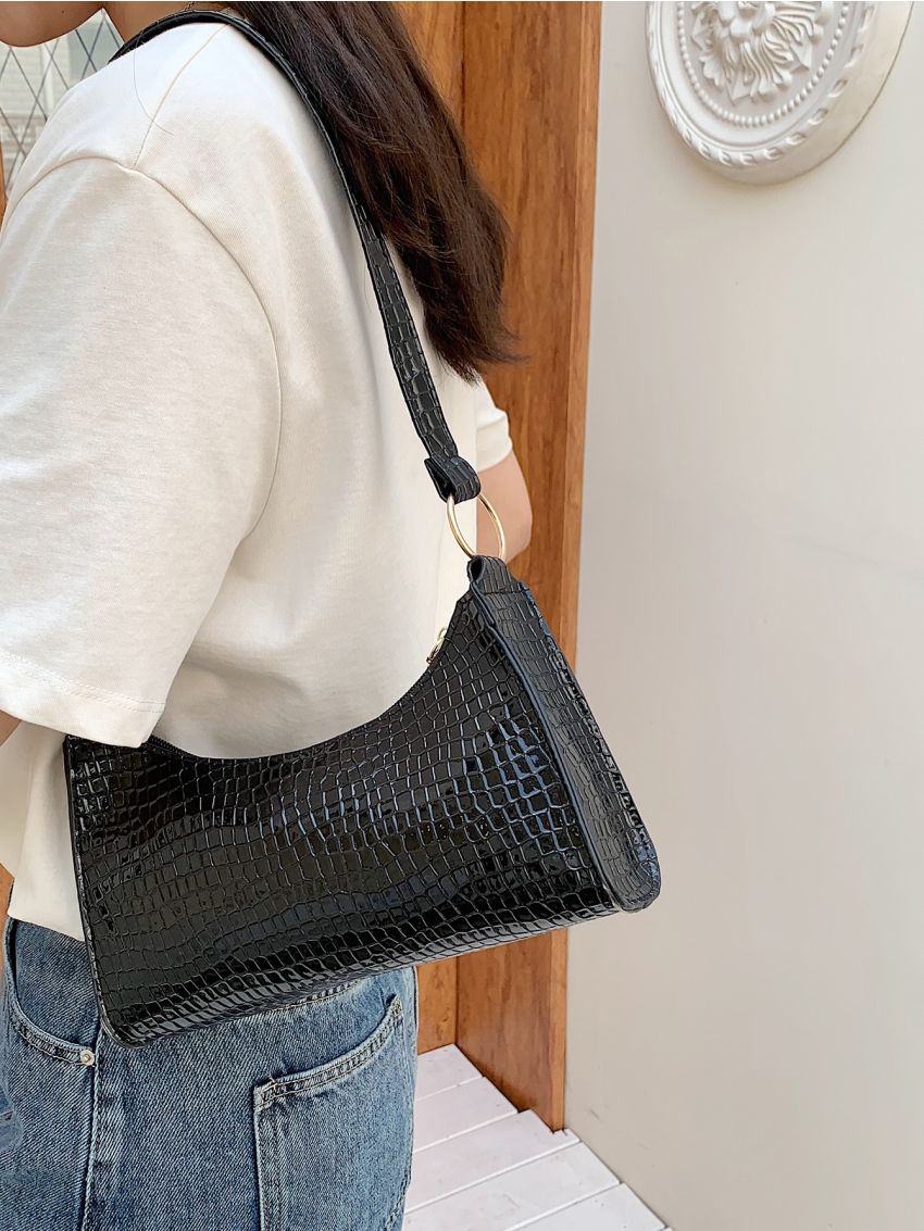 Crocodile Embossed Baguette Bag