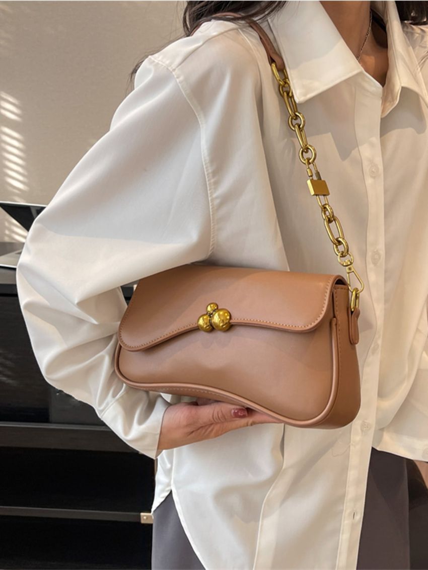 Metal Decor Flap Baguette Bag