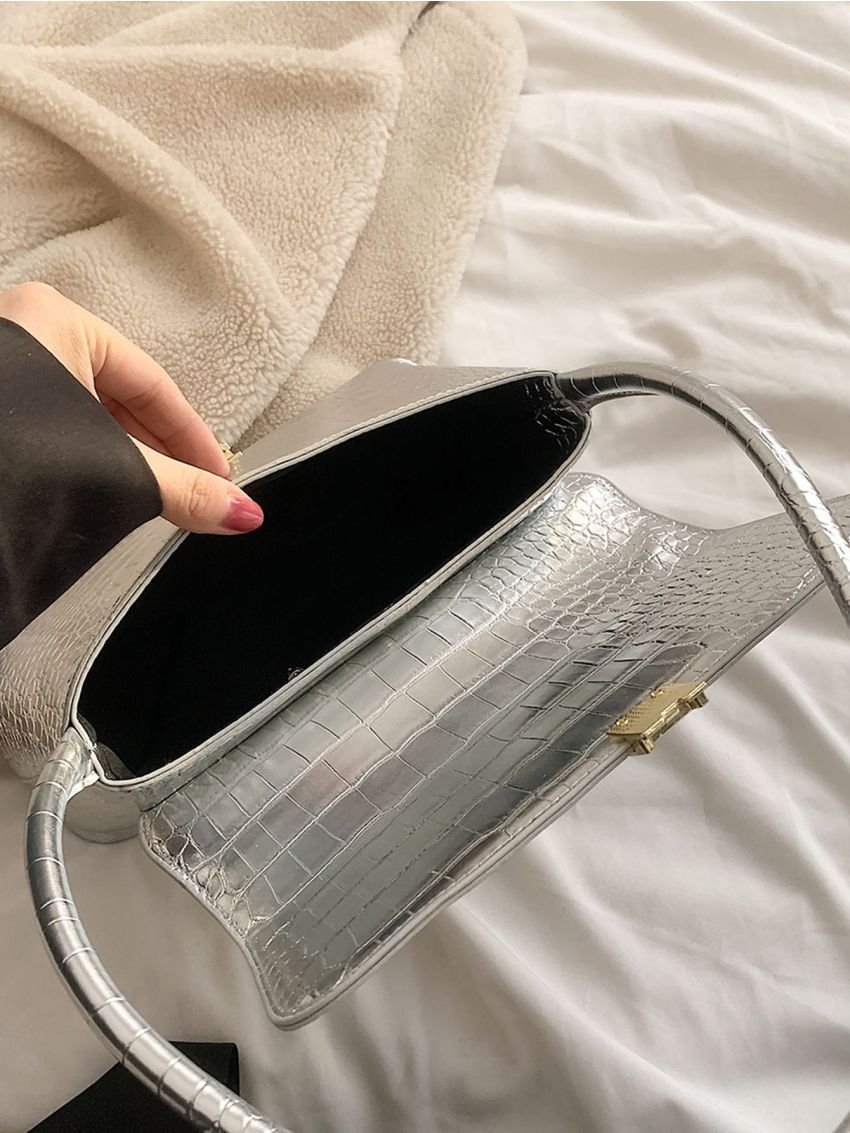 Metallic Crocodile Embossed Baguette Bag