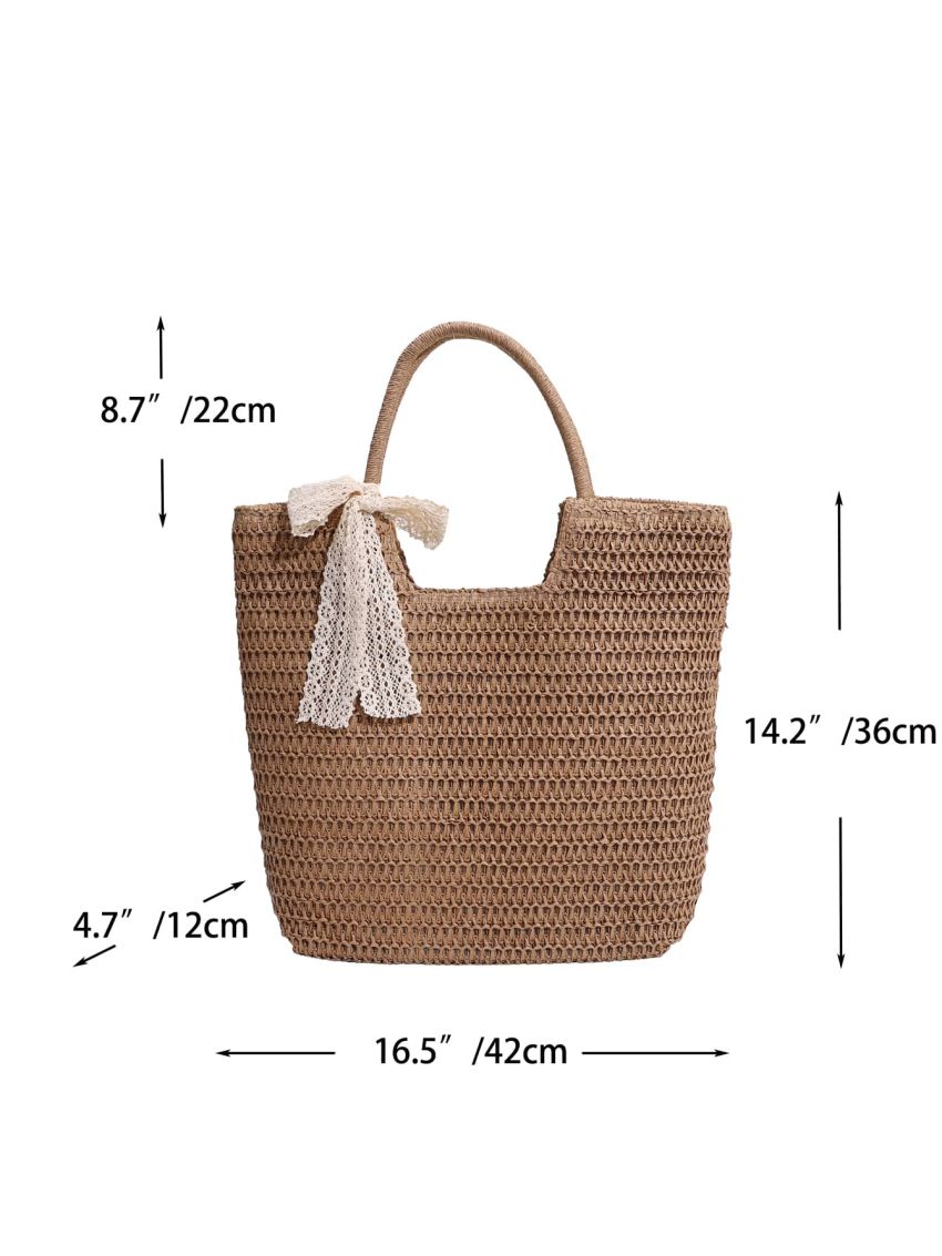 Women's Simple Straw Bag, Stylish Handbag For Travel, Large Tote Bag For Outdoor Twilly Scarf Decor Straw Bag