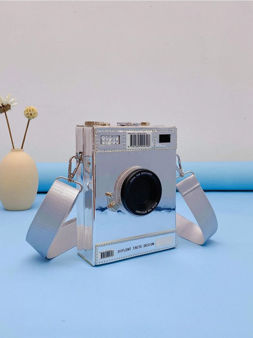 Mini Camera Design Metallic Box Bag, Fashion Letter Patch Decor Crossbody Purse With Wide Strap