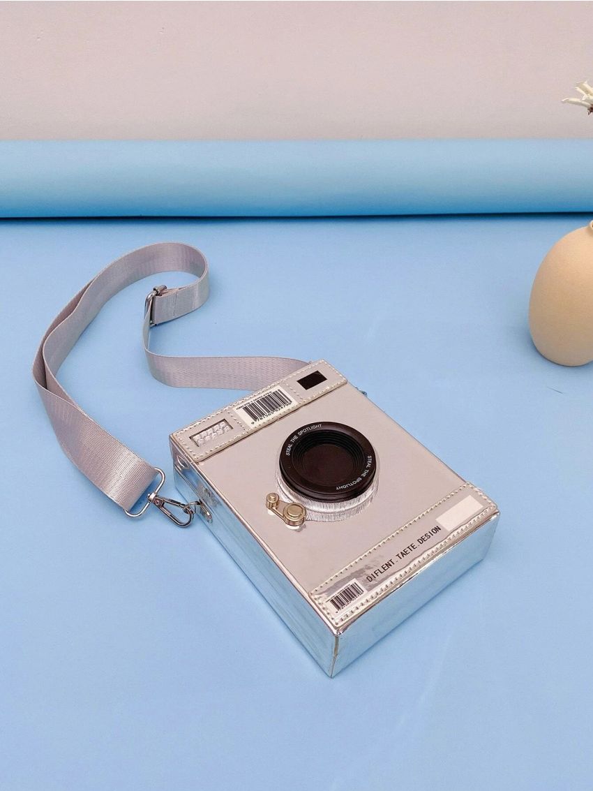 Mini Camera Design Metallic Box Bag, Fashion Letter Patch Decor Crossbody Purse With Wide Strap