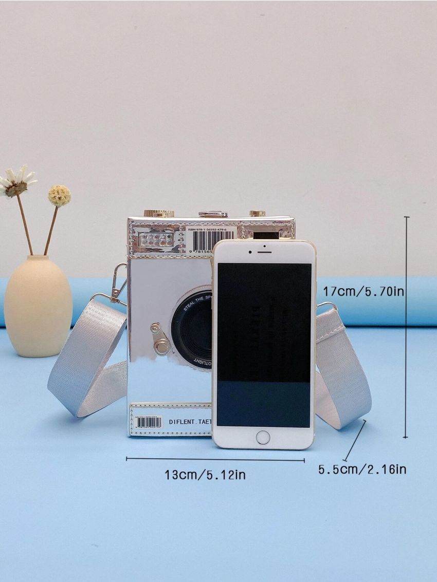 Mini Camera Design Metallic Box Bag, Fashion Letter Patch Decor Crossbody Purse With Wide Strap