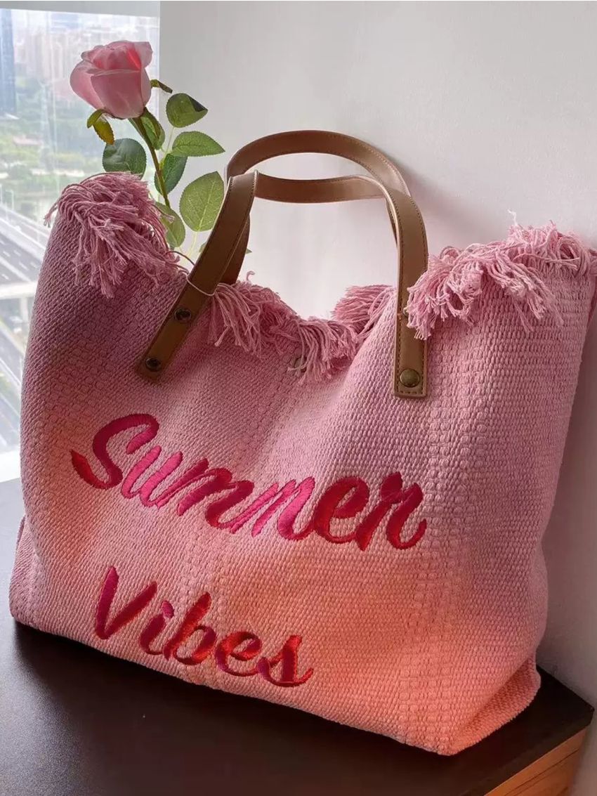 Letter Embroidered Fringe Decor Tote Bag