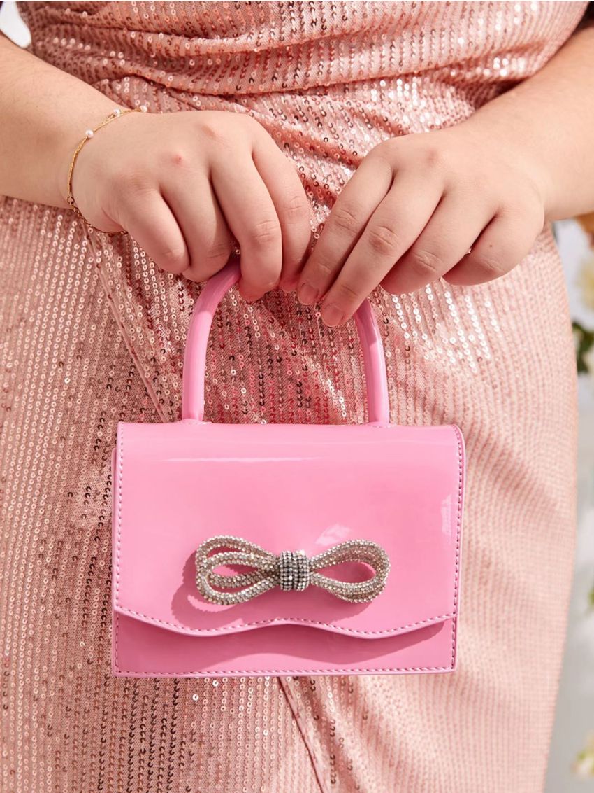 Mini Rhinestone & Bow Decor Flap Artificial Patent Leather Square Bag