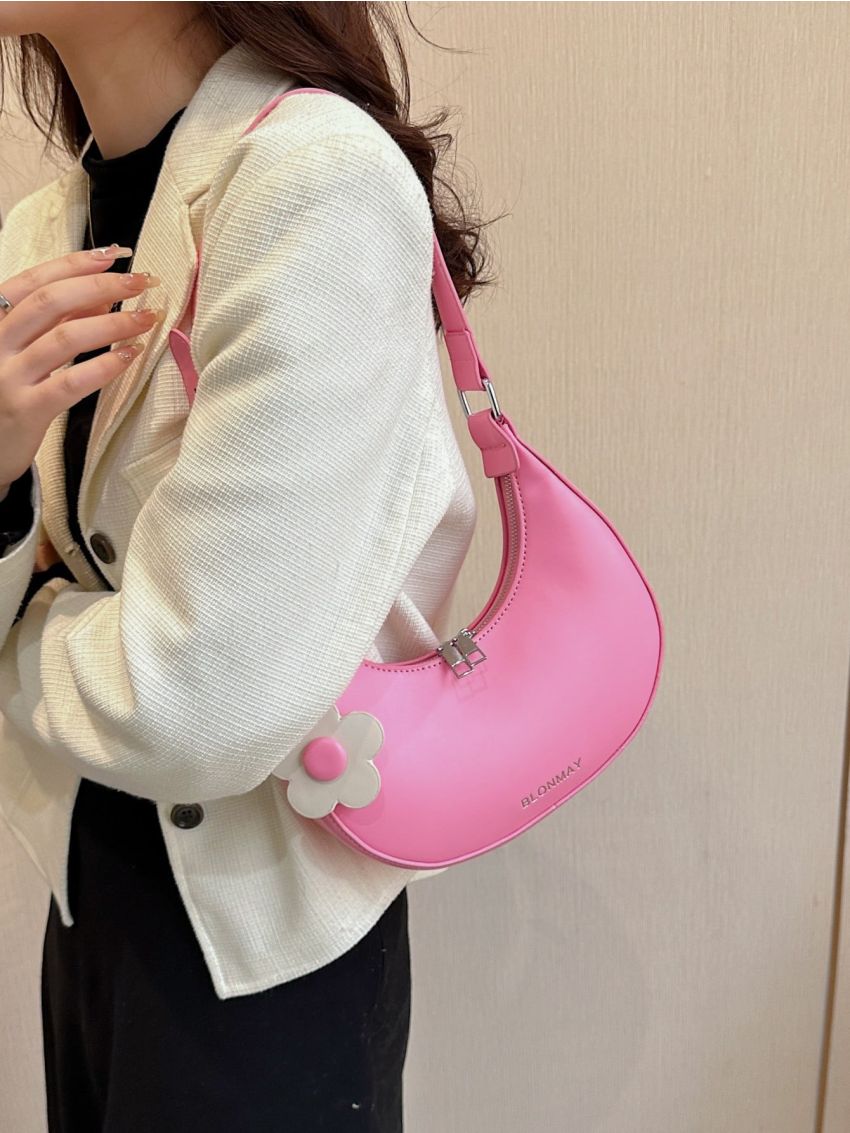 Letter Graphic Flower Decor Hobo Bag