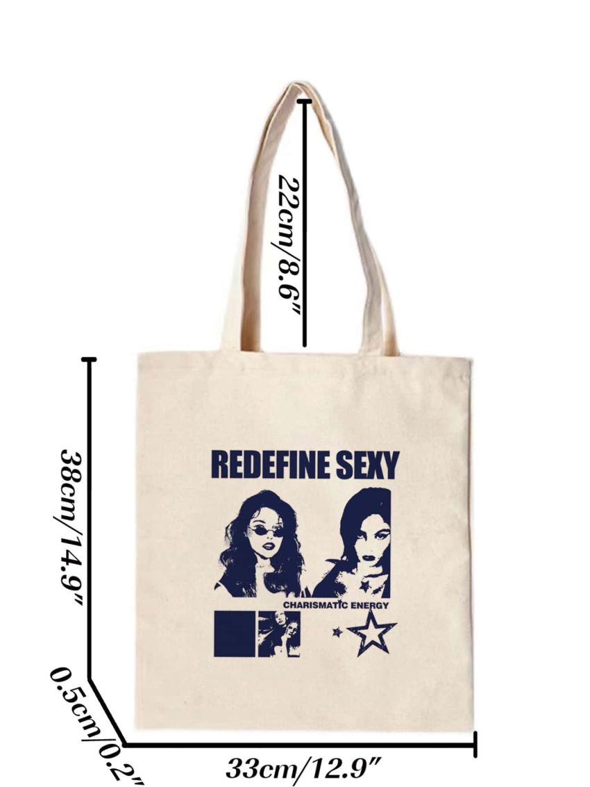 Figure & Letter Print Shopper Bag Canvas Casual