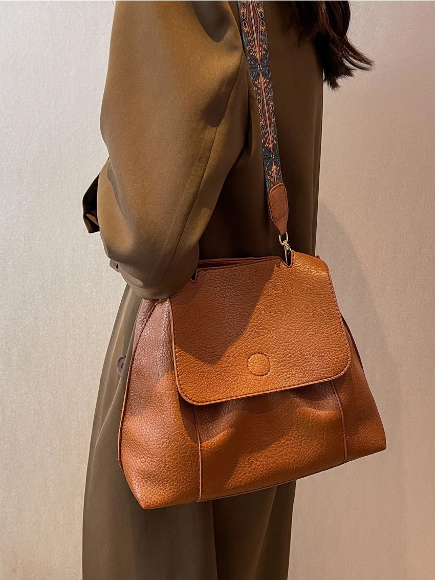 Litchi Embossed Geometric Strap Flap Hobo Bag