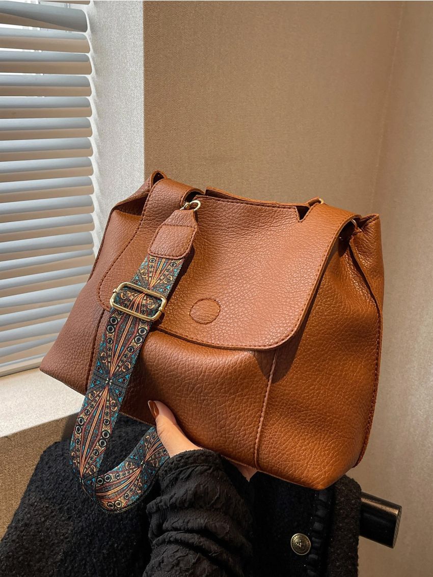 Litchi Embossed Geometric Strap Flap Hobo Bag