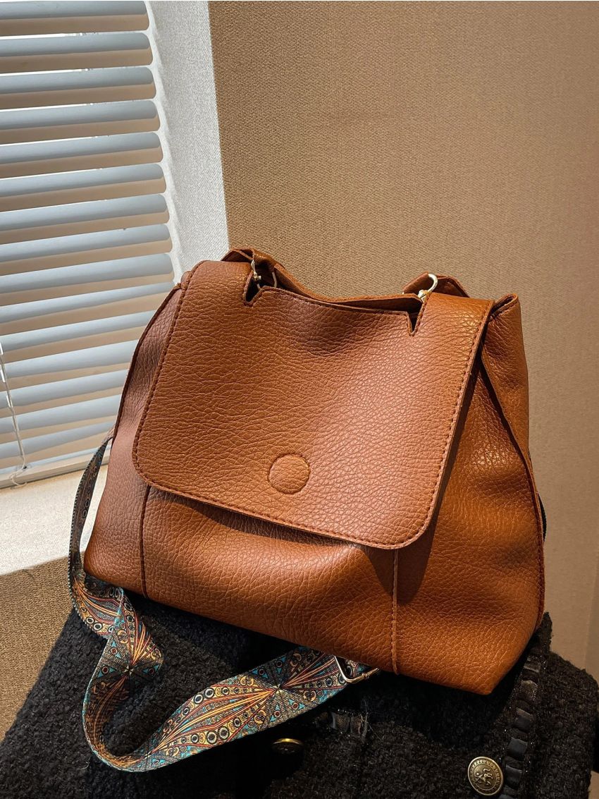 Litchi Embossed Geometric Strap Flap Hobo Bag