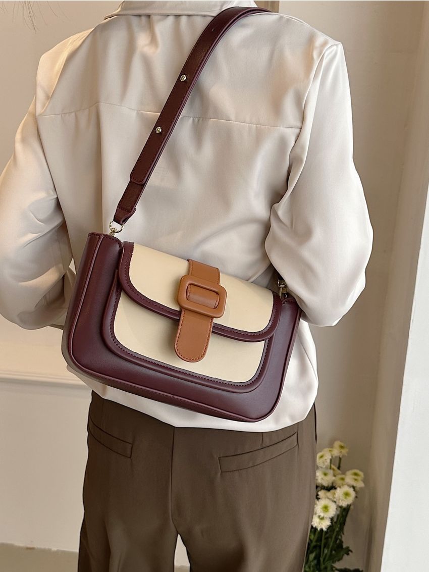 Color Block Buckle Decor Flap Square Bag