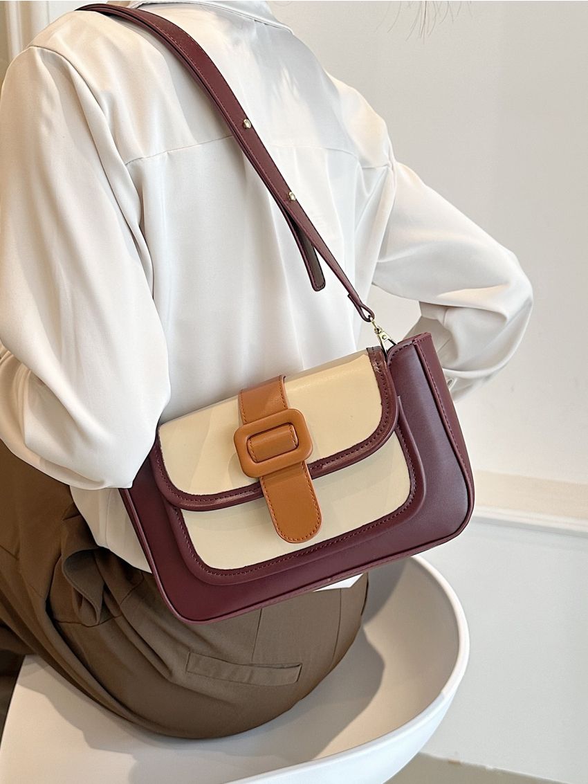 Color Block Buckle Decor Flap Square Bag