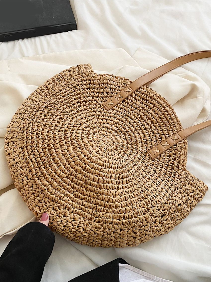 Hollow-Out Straw Handbag, Fashion Woven Beach Bag, Round Large Capacity Shoulder Bag