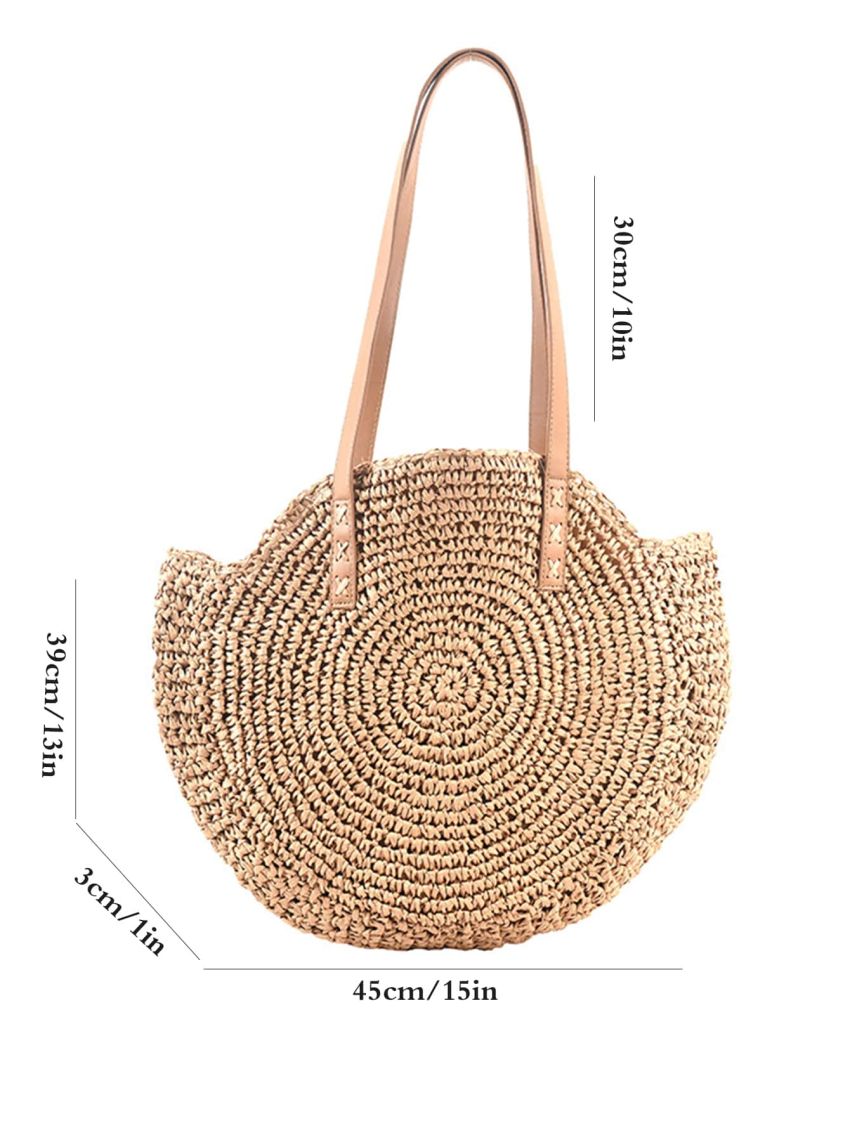 Hollow-Out Straw Handbag, Fashion Woven Beach Bag, Round Large Capacity Shoulder Bag