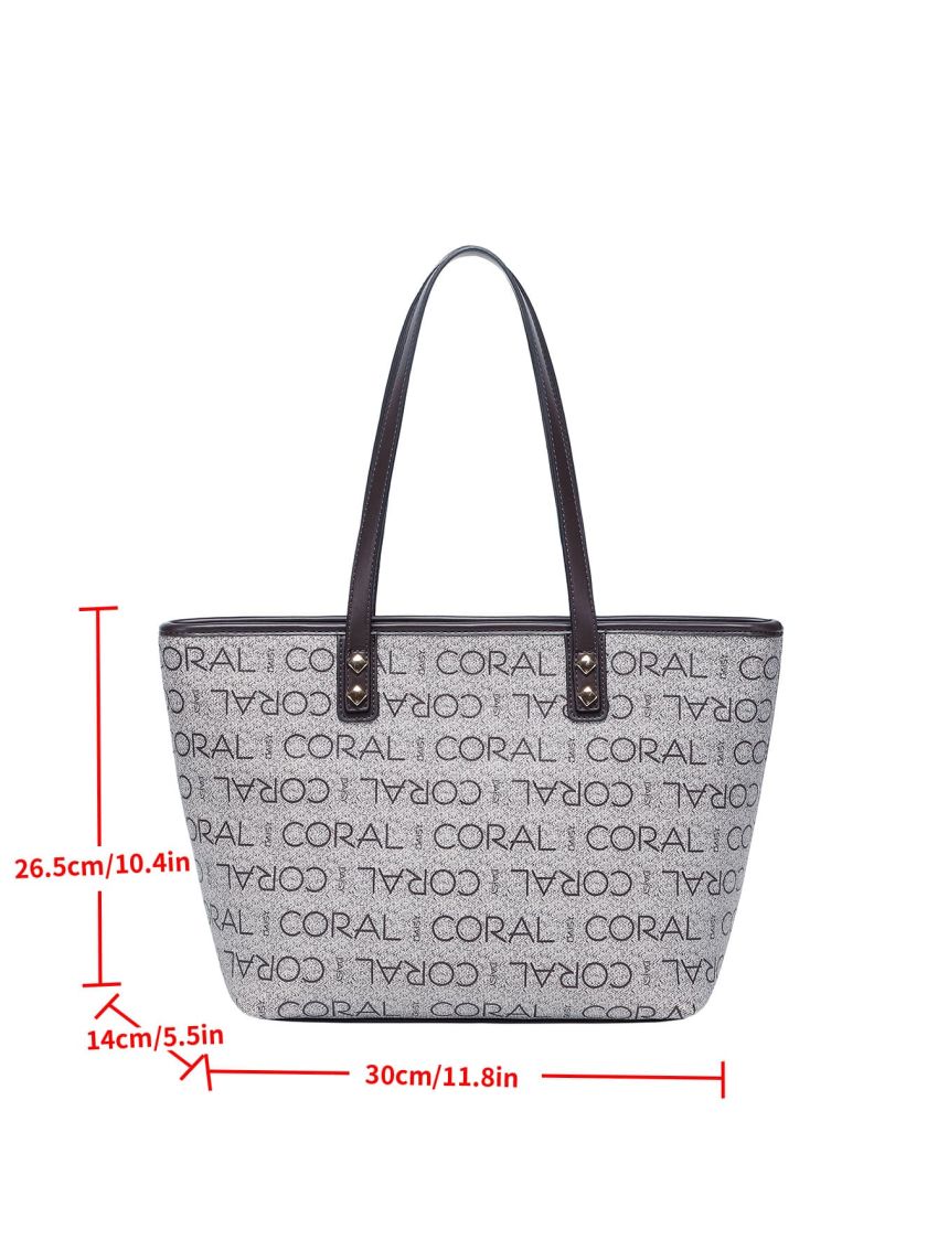 Letter Graphic Studded Decor Shoulder Tote Bag