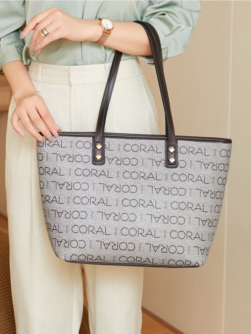 Letter Graphic Studded Decor Shoulder Tote Bag