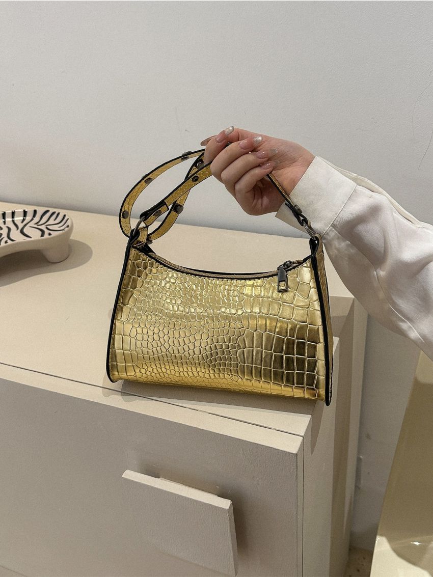Metallic Crocodile Embossed Baguette Bag