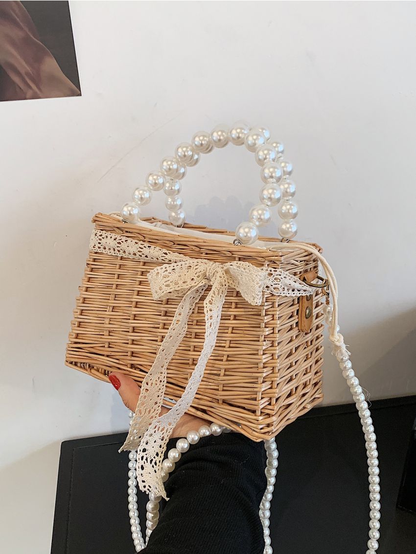 Mini Faux Pearl Beaded Bow Decor Straw Bag