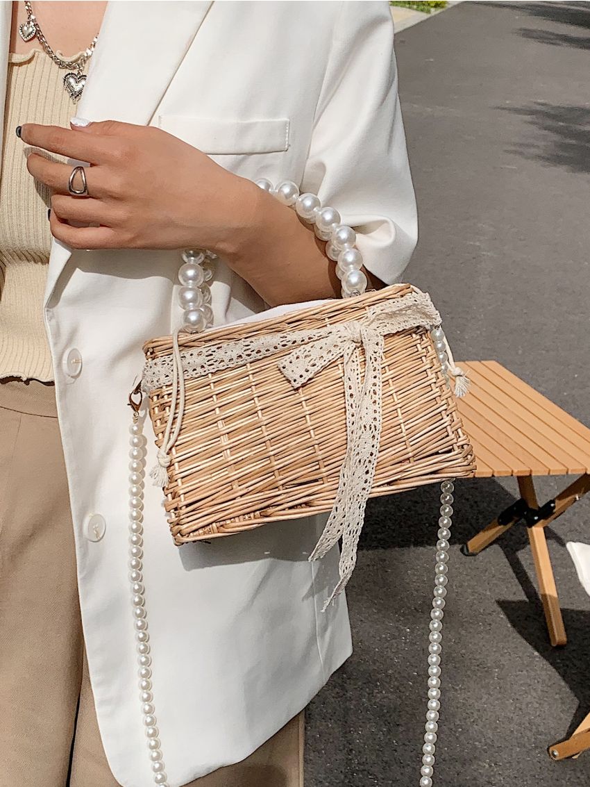 Mini Faux Pearl Beaded Bow Decor Straw Bag