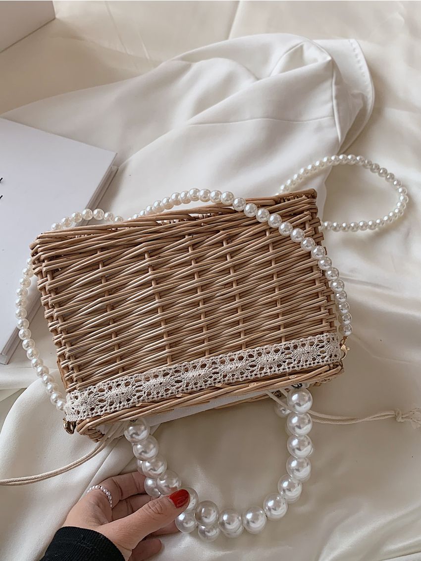 Mini Faux Pearl Beaded Bow Decor Straw Bag