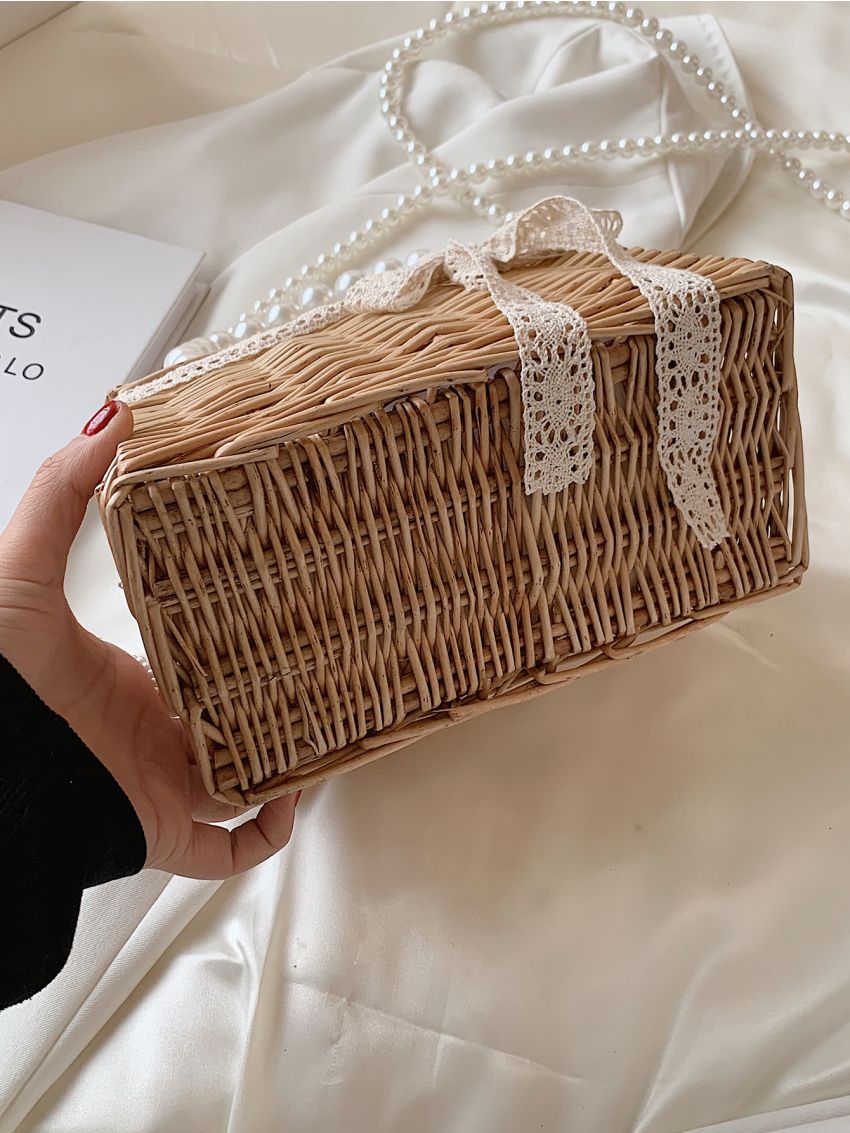 Mini Faux Pearl Beaded Bow Decor Straw Bag