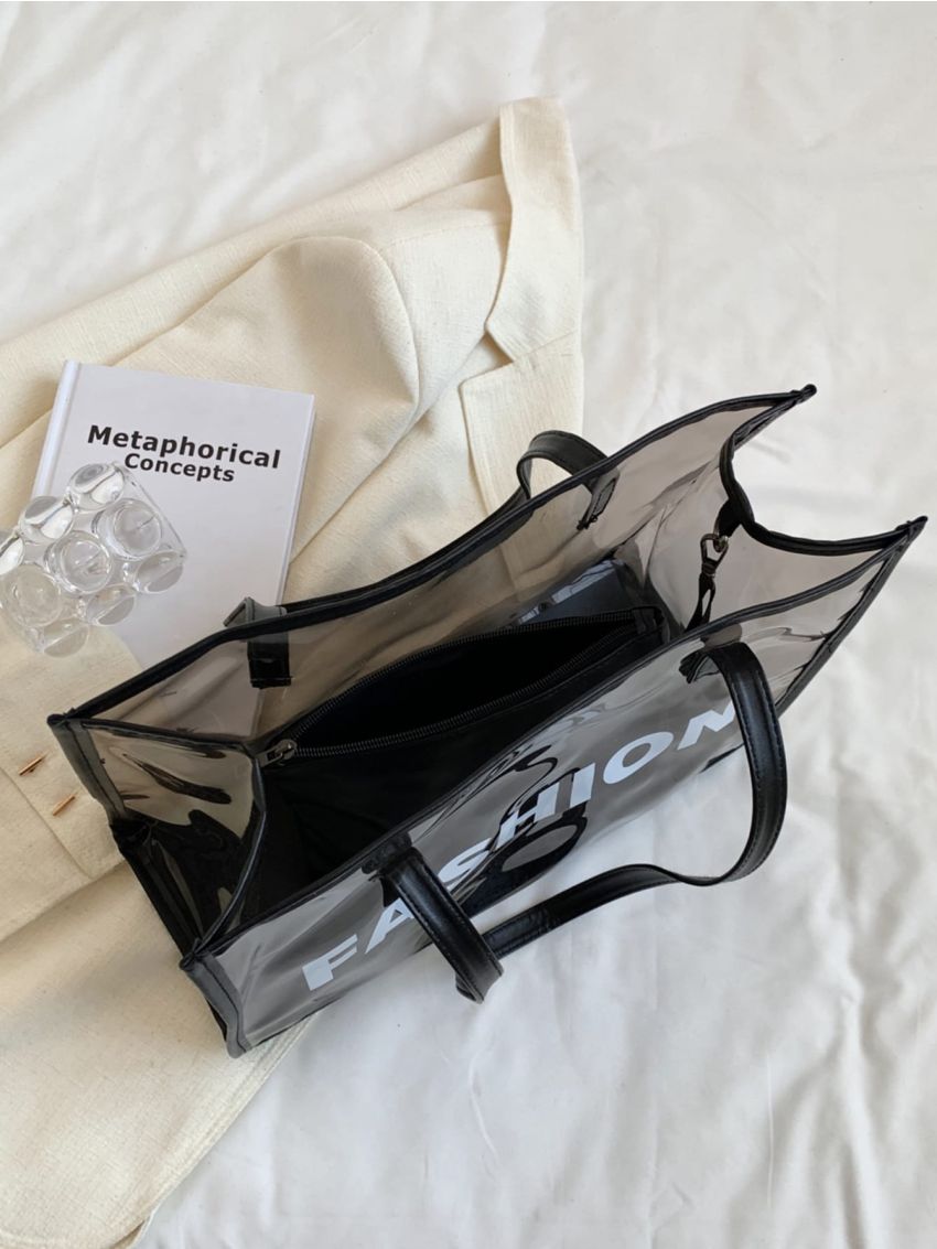 Clear Letter Graphic Shoulder Tote Bag With Inner Pouch