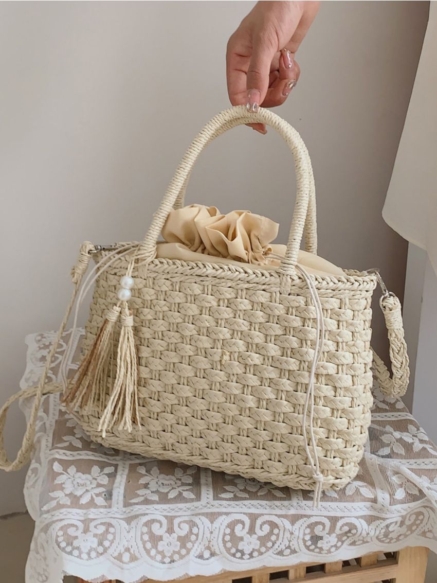 Tassel & Faux Pearl Decor Drawstring Design Straw Bag