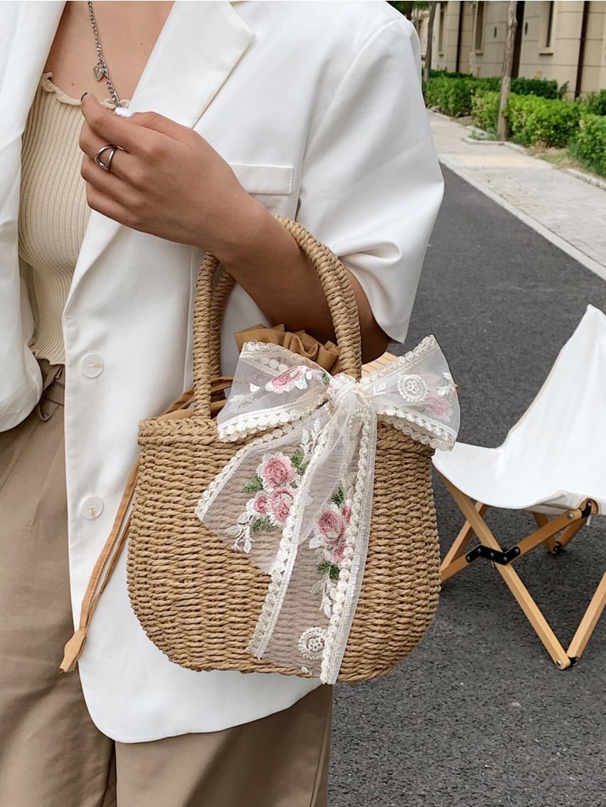 Twilly Scarf Decor Drawstring Straw Bag