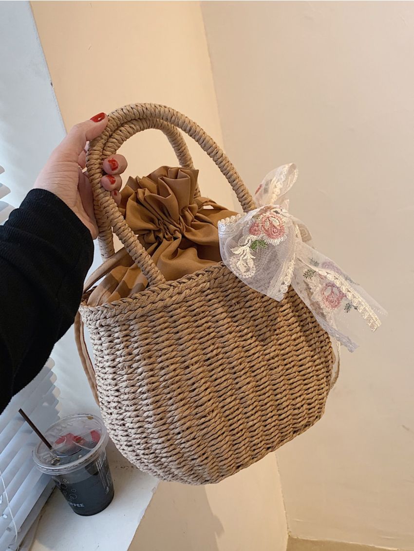 Twilly Scarf Decor Drawstring Straw Bag