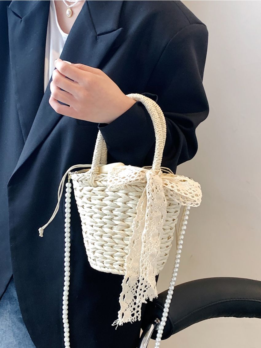 Twilly Scarf Decor Faux Pearl Beaded Straw Bag