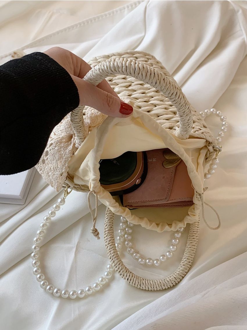 Twilly Scarf Decor Faux Pearl Beaded Straw Bag