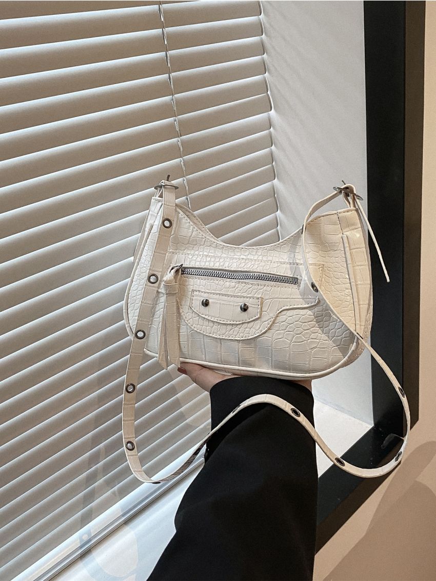 Y2K Crocodile Embossed Pattern Underarm Bag, Trendy Studded Decor Crossbody Bag, Women's Small Crescent Bag,Hobo Bag