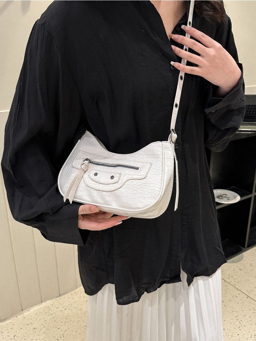 Y2K Crocodile Embossed Pattern Underarm Bag, Trendy Studded Decor Crossbody Bag, Women's Small Crescent Bag,Hobo Bag