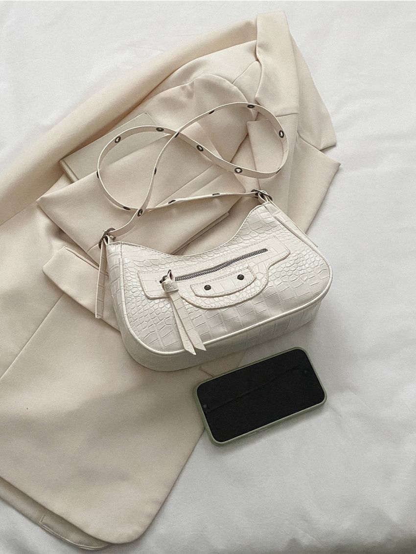 Y2K Crocodile Embossed Pattern Underarm Bag, Trendy Studded Decor Crossbody Bag, Women's Small Crescent Bag,Hobo Bag