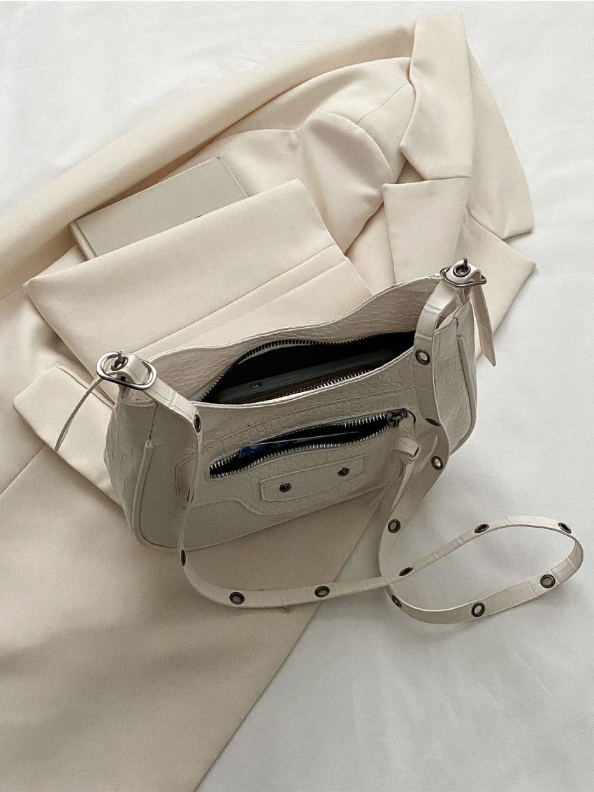 Y2K Crocodile Embossed Pattern Underarm Bag, Trendy Studded Decor Crossbody Bag, Women's Small Crescent Bag,Hobo Bag