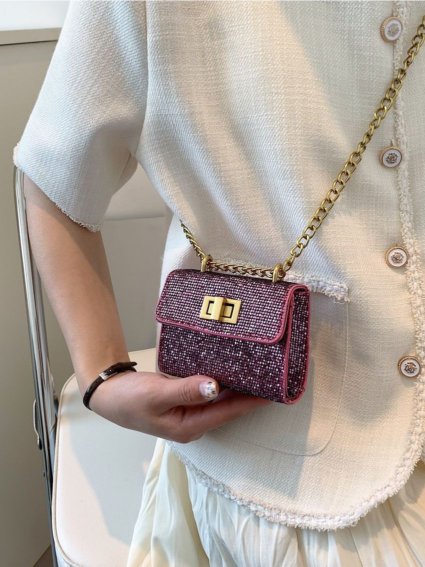 Mini Glitter Twist Lock Flap Chain Square Bag