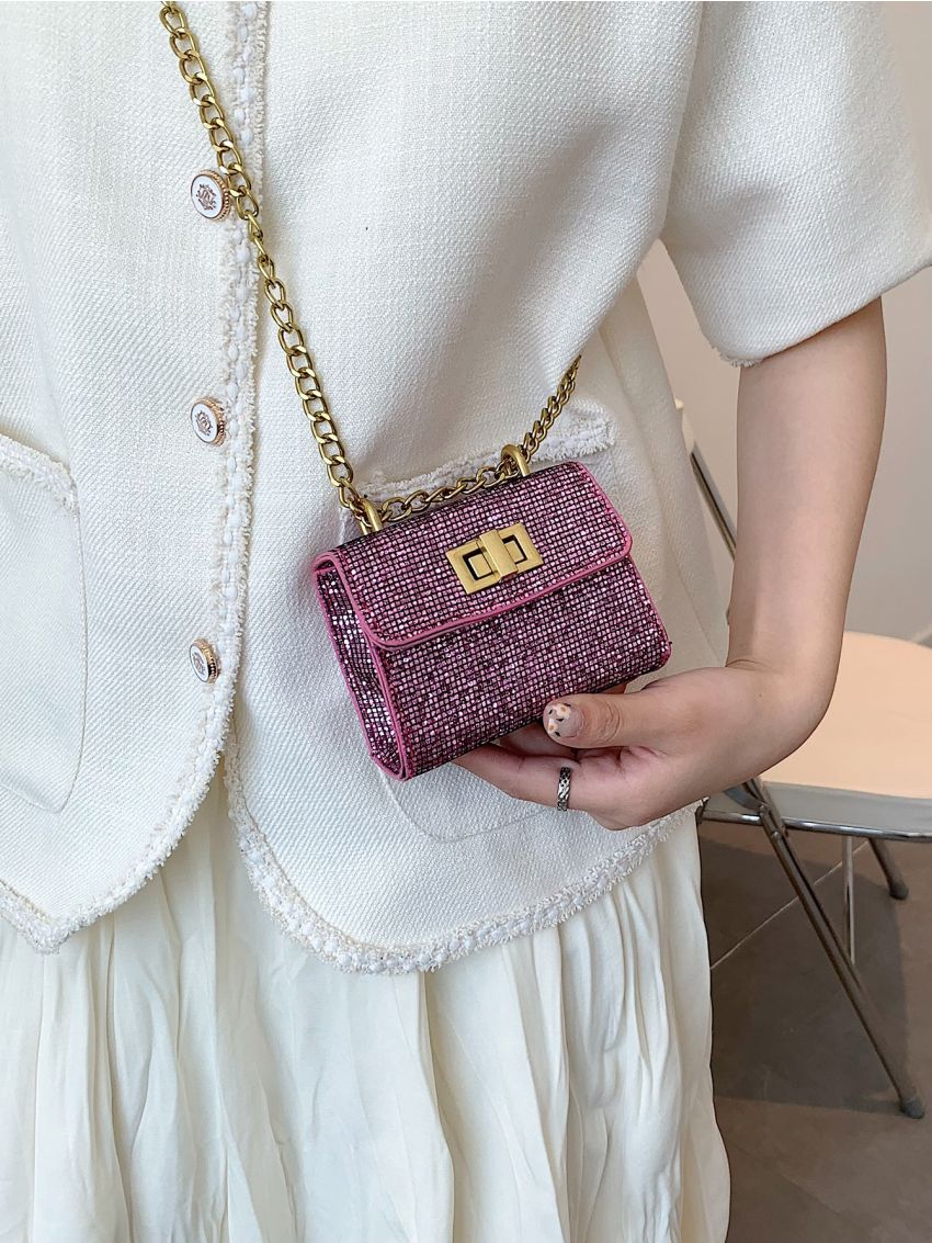 Mini Glitter Twist Lock Flap Chain Square Bag
