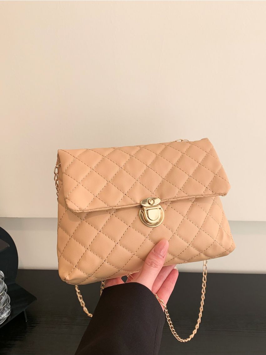 Quilted Push Lock Flap Chain Square Bag