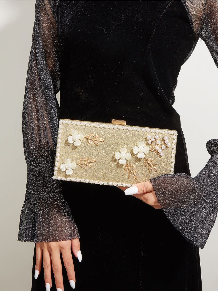 Mini Glitter Flower & Faux Pearl Decor Box Bag