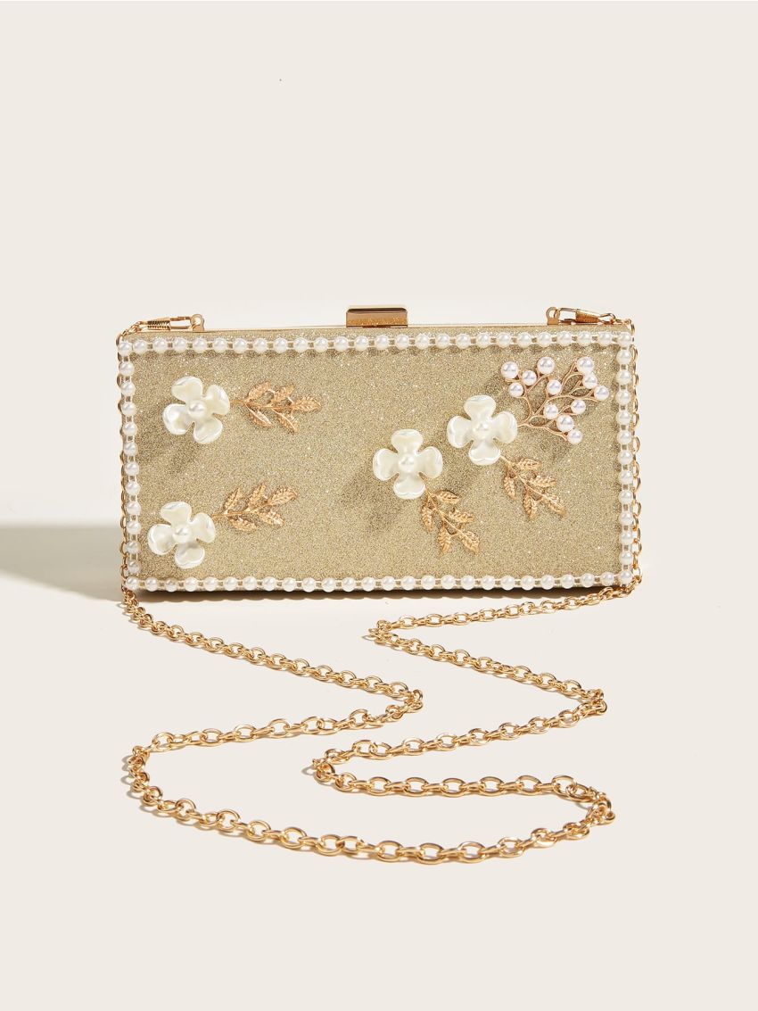 Mini Glitter Flower & Faux Pearl Decor Box Bag