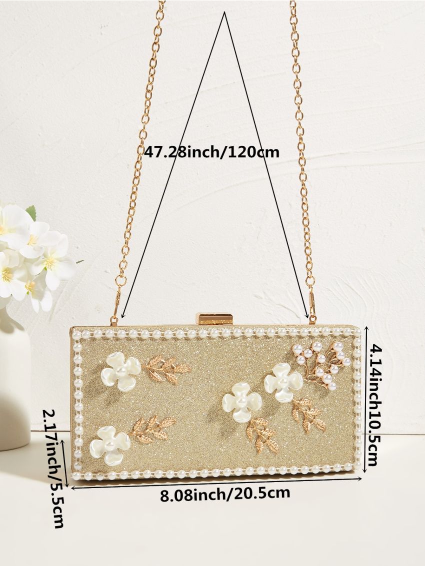 Mini Glitter Flower & Faux Pearl Decor Box Bag