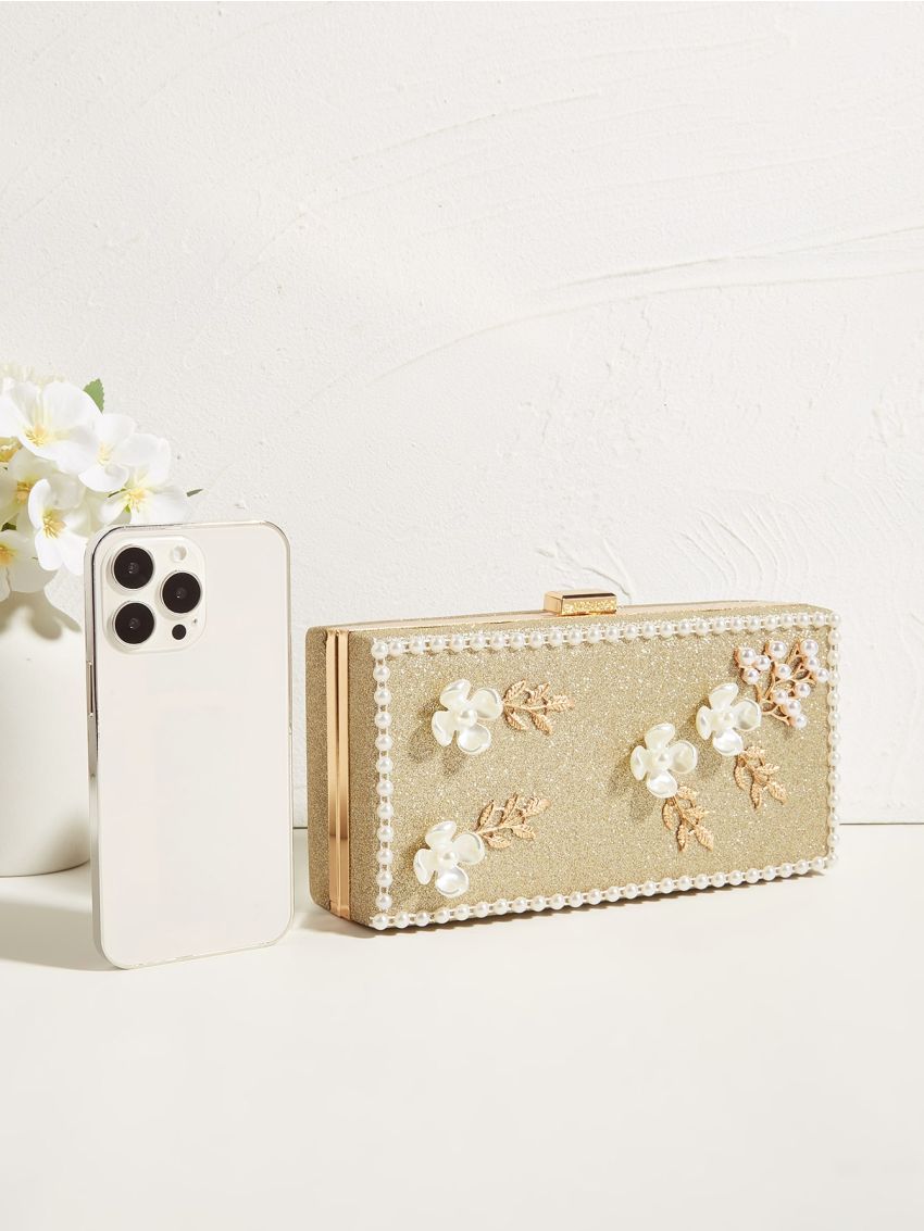 Mini Glitter Flower & Faux Pearl Decor Box Bag